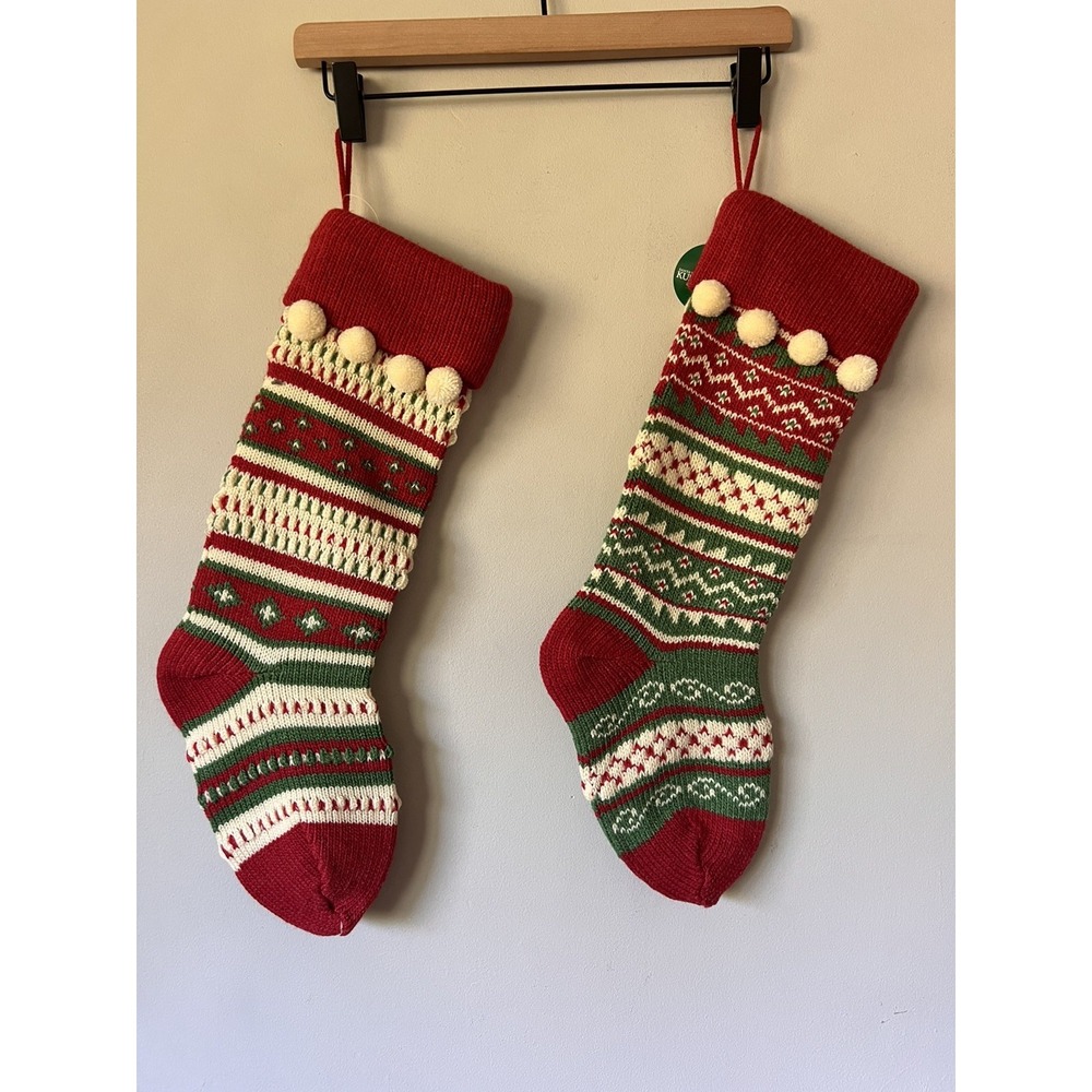 2 Pair of Christmas Stockings by Kurt Adler, Knit Red White Green Poms